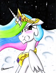 Size: 1266x1640 | Tagged: safe, artist:the1king, character:princess celestia, episode:the cutie re-mark, :t, blushing, female, karma, moon, pouting, solo, space, stars