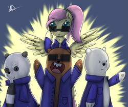 Size: 4467x3758 | Tagged: safe, artist:wolfy-pony, character:fluttershy, absurd resolution, cartoon network, clothing, crossover, grizzly, ice bear, jacket, open mouth, panda (we bare bears), signature, smiling, spread wings, sunglasses, we bare bears, wings