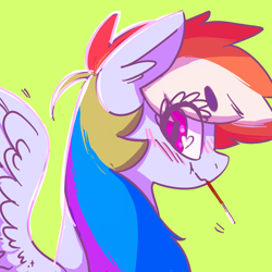Size: 2000x2000 | Tagged: safe, artist:xieril, character:rainbow dash, species:pegasus, species:pony, :t, beanbrows, binary brush, blushing, chewing, color porn, colored, cute, dashabetes, eye clipping through hair, eyelashes, eyestrain warning, featured on derpibooru, female, floppy ears, food, heart eyes, long mane, looking at you, looking back, nom, pastel, pocky, scrunchy face, smiling, solo, spread wings, sweet dreams fuel, wingding eyes, wings