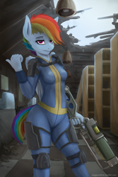 Size: 1200x1800 | Tagged: safe, alternate version, artist:staggeredline, character:rainbow dash, species:anthro, species:pegasus, species:pony, episode:the cutie re-mark, clothing, crossover, energy weapon, fallout, female, jumpsuit, laser rifle, looking at you, skintight clothes, solo, vault suit, weapon, wings