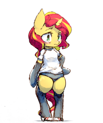 Size: 840x1000 | Tagged: safe, artist:toki, character:sunset shimmer, species:pony, species:unicorn, bipedal, blushing, clothing, female, gym uniform, semi-anthro, solo, sports panties