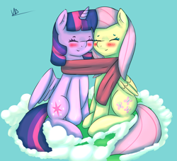 Size: 3985x3636 | Tagged: safe, artist:wolfy-pony, character:fluttershy, character:twilight sparkle, character:twilight sparkle (alicorn), species:alicorn, species:pony, ship:twishy, blushing, clothing, cloud, eyes closed, female, lesbian, mare, scarf, shared clothing, shared scarf, shipping, sitting