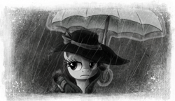 Size: 800x463 | Tagged: safe, artist:hewison, character:rarity, black and white, detective rarity, female, grayscale, noir, overcoat, rain, solo, umbrella