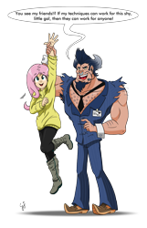 Size: 1280x1986 | Tagged: safe, artist:glancojusticar, character:fluttershy, character:iron will, species:human, episode:putting your hoof down, g4, my little pony: friendship is magic, armpit hair, beard, boots, chest hair, clothing, cute, facial hair, female, holding a human, humanized, male, microphone, necktie, nose piercing, nose ring, open mouth, piercing, scene interpretation, simple background, smiling, smirk, squee, suit, sweater, sweatershy, transparent background
