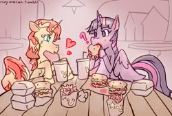 Size: 669x453 | Tagged: safe, artist:php93, character:sunset shimmer, character:twilight sparkle, character:twilight sparkle (alicorn), species:alicorn, species:pony, ship:sunsetsparkle, burger, date, eating, female, food, french fries, hay burger, hay fries, heart, lesbian, mare, question mark, shipping, that pony sure does love burgers, this will end in weight gain, twilight burgkle