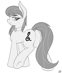 Size: 1800x2100 | Tagged: safe, artist:capseys, character:octavia melody, species:earth pony, species:pony, backwards cutie mark, butt, dock, female, looking at you, looking back, looking back at you, mare, monochrome, one hoof raised, plot, signature, simple background, smiling, smiling at you, solo, transparent background, treblebutt, underhoof
