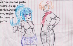 Size: 2209x1417 | Tagged: safe, artist:orochivanus, character:ms. harshwhinny, character:sonata dusk, my little pony:equestria girls, belly button, clothing, dialogue, gym uniform, lined paper, midriff, short shirt, shorts, spanish, t-shirt, text, traditional art, translated in the comments
