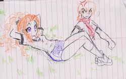 Size: 2257x1417 | Tagged: safe, artist:orochivanus, character:adagio dazzle, character:ms. harshwhinny, my little pony:equestria girls, clothing, grass, gym uniform, lined paper, on back, shoes, shorts, sneakers, t-shirt, traditional art