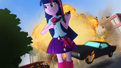 Size: 3840x2160 | Tagged: safe, artist:bastbrushie, character:twilight sparkle, character:twilight sparkle (alicorn), species:alicorn, my little pony:equestria girls, car, cool guys don't look at explosions, explosion, female, grand theft auto, gun, shotgun, solo, weapon