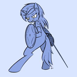Size: 1200x1200 | Tagged: safe, artist:cheshiresdesires, character:lyra heartstrings, species:pony, species:unicorn, bipedal, blue background, buckler, female, gritted teeth, monochrome, rapier, shield, simple background, solo, sword, weapon