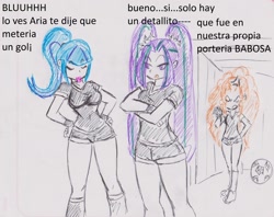 Size: 2441x1938 | Tagged: safe, artist:orochivanus, character:adagio dazzle, character:aria blaze, character:sonata dusk, my little pony:equestria girls, clothing, football, jersey, own goal, shorts, spanish, the dazzlings, traditional art, translated in the comments, translated in the description