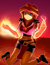 Size: 1275x1650 | Tagged: safe, artist:zelc-face, character:sunset shimmer, my little pony:equestria girls, belly button, belt, breasts, busty sunset shimmer, female, fire, looking at you, midriff, pyromancer, pyromancy, solo, sunset
