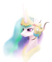 Size: 667x800 | Tagged: dead source, safe, artist:ventious, character:princess celestia, species:alicorn, species:pony, bust, female, helmet, lidded eyes, mare, portrait, simple background, solo, white background