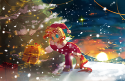 Size: 2000x1300 | Tagged: safe, artist:aquagalaxy, character:sunset shimmer, species:pony, species:unicorn, christmas, clothing, female, hat, santa costume, santa hat, solo