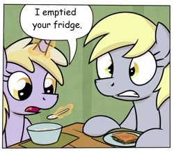 Size: 673x587 | Tagged: safe, artist:moemneop, edit, character:derpy hooves, character:dinky hooves, species:pegasus, species:pony, breakfast, cereal, comic, crossing the memes, exploitable meme, female, food, i emptied your fridge, magic, mare, meme, mother and daughter, telekinesis