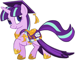 Size: 802x643 | Tagged: safe, artist:lauren faust, edit, character:starlight glimmer, clothing, concept art, diploma, female, graduation, graduation cap, hat, hilarious in hindsight, saddle, scholar, solo