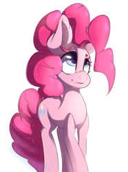 Size: 3127x4201 | Tagged: safe, artist:sourspot, character:pinkie pie, species:earth pony, species:pony, female, looking up, mare, simple background, smiling, solo, standing, three quarter view, white background