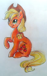 Size: 2245x3645 | Tagged: safe, artist:buttersprinkle, character:applejack, female, raised hoof, sitting, solo, traditional art