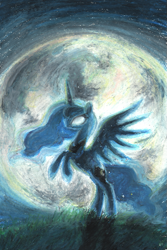Size: 549x822 | Tagged: source needed, useless source url, safe, artist:buttersprinkle, character:princess luna, female, moon, night, rearing, solo, traditional art