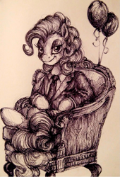 Size: 785x1156 | Tagged: safe, artist:buttersprinkle, character:pinkie pie, armchair, balloon, bedroom eyes, clothing, female, looking at you, pen, solo, traditional art, tuxedo