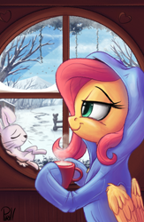 Size: 1300x2000 | Tagged: safe, artist:pirill, character:angel bunny, character:derpy hooves, character:fluttershy, species:pegasus, species:pony, chocolate, clothing, comfy, female, food, footed sleeper, hot chocolate, lidded eyes, mare, pajamas, snow, window, winter