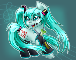 Size: 4106x3257 | Tagged: safe, artist:partylikeanartist, clothing, collar, costume, crossover, detached sleeves, hatsune miku, leek, microphone, music notes, necktie, ponytail, ribbon, simple background, socks, solo, stockings, treble clef, vocaloid