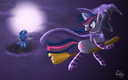 Size: 1920x1200 | Tagged: safe, artist:zelc-face, character:trixie, character:twilight sparkle, species:pony, species:unicorn, accessory swap, angry, broom, cape, censored vulgarity, clothing, cloud, costume, duo, eyes closed, flying, flying broomstick, full moon, grawlixes, hat, moon, night, on a cloud, open mouth, smiling, socks, striped socks, the great and powerful, the great and powerful twilight, trixie's cape, trixie's hat, witch, yelling