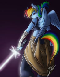 Size: 1006x1280 | Tagged: safe, artist:thebigbadwolf01, character:rainbow dash, species:anthro, species:pegasus, g4, bandage, clothing, commission, crossover, female, gradient background, lightsaber, looking at you, looking back, looking back at you, mare, midriff, rey, signature, simple background, smiling, solo, star wars, weapon