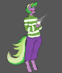 Size: 800x950 | Tagged: safe, artist:lurking tyger, character:barb, character:spike, species:anthro, beverage, blushing, breasts, busty barb, clothing, coffee, coffee mug, drink, eyeshadow, female, makeup, mug, ponified, ponified spike, rule 63, smiling, solo, species swap, sweater