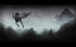 Size: 2550x1590 | Tagged: safe, artist:ventious, character:princess luna, species:alicorn, species:pony, canterlot, female, flying, forest, mare, rain, scenery, solo, wings