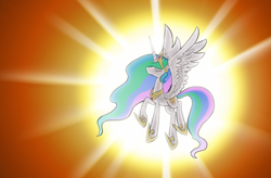 Size: 1622x1064 | Tagged: safe, artist:enma-darei, character:princess celestia, species:alicorn, species:pony, g4, backlighting, eyes closed, female, flying, mare, solo, sun