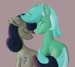 Size: 697x615 | Tagged: safe, artist:enma-darei, character:bon bon, character:lyra heartstrings, character:sweetie drops, species:earth pony, species:pony, species:unicorn, ship:lyrabon, g4, brown background, eyes closed, female, lesbian, mare, shipping, simple background