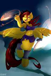 Size: 1300x1920 | Tagged: safe, artist:noben, oc, oc only, oc:ferrfire, species:anthro, species:pegasus, species:pony, species:unguligrade anthro, armpits, belly button, cleavage, clothing, female, leg warmers, midriff, skirt, solo, sports bra, sword, weapon
