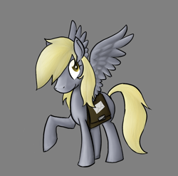 Size: 798x787 | Tagged: safe, artist:enma-darei, character:derpy hooves, species:pegasus, species:pony, female, gray background, mailmare, mare, raised hoof, simple background, solo