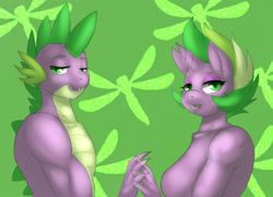 Size: 990x715 | Tagged: safe, artist:lurking tyger, character:barb, character:spike, species:anthro, breasts, featureless breasts, female, male, ponidox, ponified spike, rule 63, self ponidox, selfcest, shipping, sideboob, spikebarb, straight