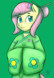 Size: 1645x2349 | Tagged: safe, artist:wolfy-pony, character:fluttershy, species:anthro, chinese, chopsticks in hair, clothing, cute, female, kimono (clothing), looking at you, solo