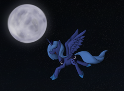 Size: 1221x893 | Tagged: safe, artist:enma-darei, character:princess luna, species:alicorn, species:pony, g4, eyes closed, female, flying, happy, mare, moon, s1 luna, solo, stars