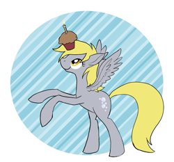 Size: 847x789 | Tagged: safe, artist:enma-darei, character:derpy hooves, species:pegasus, species:pony, g4, abstract background, balancing, candle, female, mare, muffin, rearing, solo