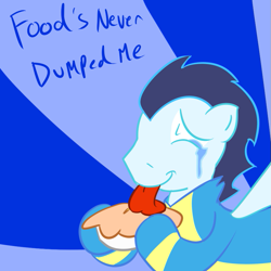 Size: 771x770 | Tagged: safe, artist:autonomous-zed, character:soarin', species:pegasus, species:pony, abstract background, crying, licking, male, pie, solo, stallion, that pony sure does love pies