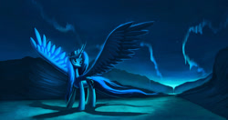 Size: 1280x674 | Tagged: safe, artist:auroriia, character:princess luna, species:alicorn, species:pony, g4, aurora borealis, female, mountain, s1 luna, scenery, solo, spread wings, twilight (astronomy), waterfall, wings