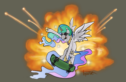 Size: 1187x772 | Tagged: safe, artist:enma-darei, artist:php105, character:princess celestia, species:alicorn, species:pony, g4, action pose, colored, explosion, female, mare, skateboard, solo, sunglasses