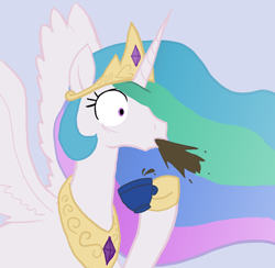 Size: 674x658 | Tagged: safe, artist:enma-darei, character:princess celestia, species:alicorn, species:pony, g4, blue background, coffee, cup, female, mare, reaction image, simple background, solo, spit take