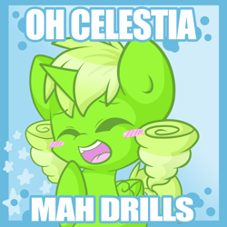 Size: 2500x2500 | Tagged: safe, artist:starlightlore, oc, oc only, oc:pear bloom, drill hair, image macro, meme, solo