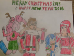 Size: 1024x768 | Tagged: safe, artist:brandonale, character:pinkie pie, character:sonic the hedgehog, big boss, christmas, crossover, erza scarlett, fairy tail, happy new year, merry christmas, metal gear, metal gear solid, new year, sonic boom, sonic the hedgehog (series), traditional art