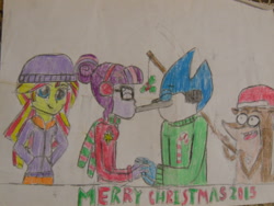 Size: 1024x768 | Tagged: safe, artist:brandonale, character:sunset shimmer, character:twilight sparkle, character:twilight sparkle (scitwi), species:eqg human, ship:mordetwi, my little pony:equestria girls, christmas, crossover, crossover shipping, kissing, merry christmas, mordecai, mordecai and rigby, regular show, rigby, shipping, traditional art