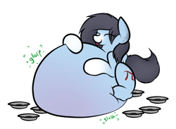 Size: 1280x939 | Tagged: safe, artist:nom-sympony, oc, oc only, oc:pepper dust, belly, food, impossibly large belly, pie, pie tin, stomach noise, stuffing, tongue out