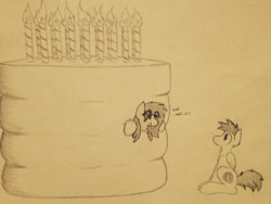 Size: 1280x960 | Tagged: safe, artist:nom-sympony, oc, oc only, oc:pepper dust, birthday cake, cake, food, pop out cake, tongue out, traditional art