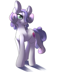 Size: 1600x2028 | Tagged: safe, artist:sourspot, character:sweetie belle, bedroom eyes, cutie mark, female, hair over one eye, older, simple background, solo, the cmc's cutie marks, white background