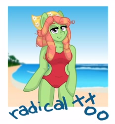 Size: 3354x3599 | Tagged: safe, artist:partylikeanartist, character:tree hugger, species:anthro, episode:make new friends but keep discord, g4, my little pony: friendship is magic, arm hooves, bandana, beach, breasts, busty tree hugger, clothing, dreadlocks, female, hippie, looking at you, one-piece swimsuit, photo, polaroid, smiling, solo, swimsuit, xoxo