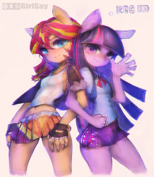 Size: 1740x2000 | Tagged: safe, artist:girlsay, character:sunset shimmer, character:twilight sparkle, my little pony:equestria girls, belly button, camcorder, chromatic aberration, clothing, colored, fingerless gloves, gloves, jacket, linked arms, midriff, miniskirt, pleated skirt, pony ears, recording, short skirt, skirt, thighs, waving